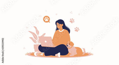 Woman working on laptop with dog and plant, flat design illustration, concept of remote work and pet companionship