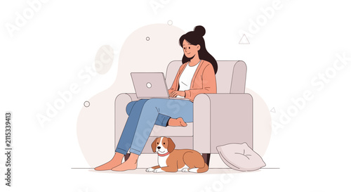 Woman Working on Laptop with Dog Relaxing Nearby on Cozy Sofa, Illustration of Remote Work and Leisure