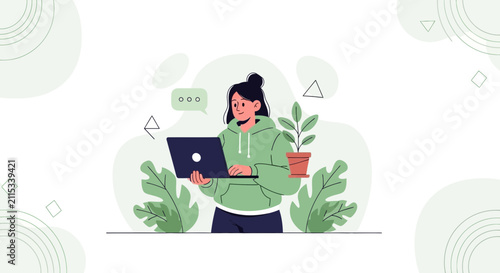 Woman Working on Laptop with Plants and Chat Bubbles, Flat Design Vector Illustration
