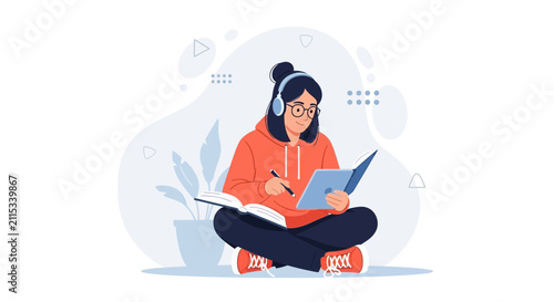 Young woman with headphones studying and writing in a book, modern flat illustration style