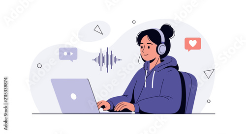 Young woman with headphones working on laptop, listening to music or podcast, social media notifications.