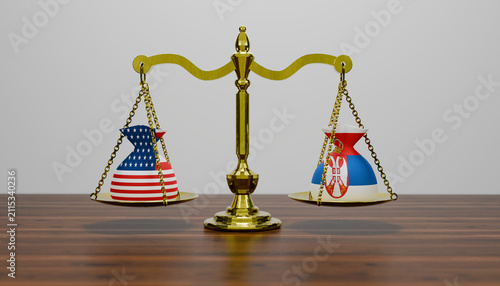 Принти на полотні Scales of Justice: A symbolic representation of international relations, featuring the flags of the United States and Serbia balanced on scales, illustrating diplomacy and comparison