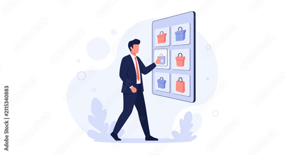 Obraz premium Businessman browsing online shopping catalog on a digital screen, e-commerce concept