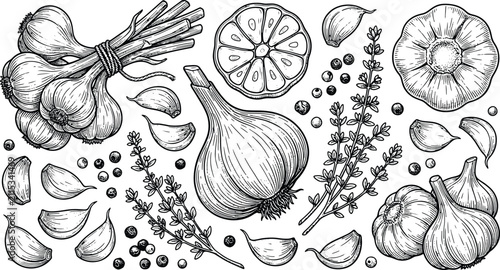 Cuadro en lienzo Detailed hand drawn garlic cloves and bulbs collection with vegetable illustrati