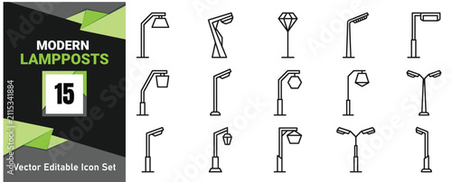 Obraz na płótnie Set of fifteen modern street lamp post icons for urban lighting design and city