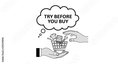 Fotografía Black and white vector icon illustrating the concept of Try Before You Buy with a shopping cart, hands, and a thought bubble containing the text