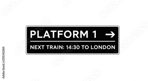 A black train station sign displaying 
