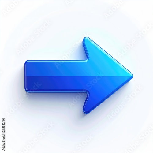 A glossy blue arrow points right on a light background