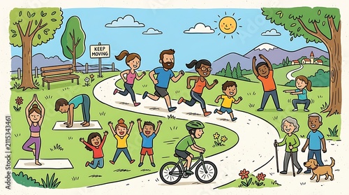Diverse group of people practicing healthy habits in a sunny outdoor park environment featuring jogging, cycling, and yoga sessions for wellness