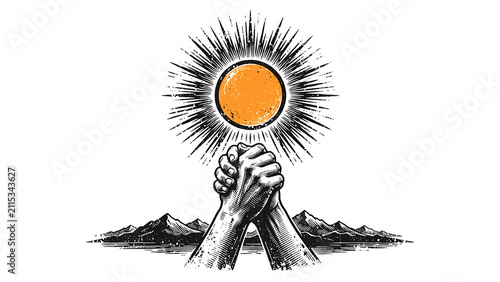 Powerful illustration of two clenched fists joined in unity under a rising orange sun over a mountain landscape representing strength and solidarity