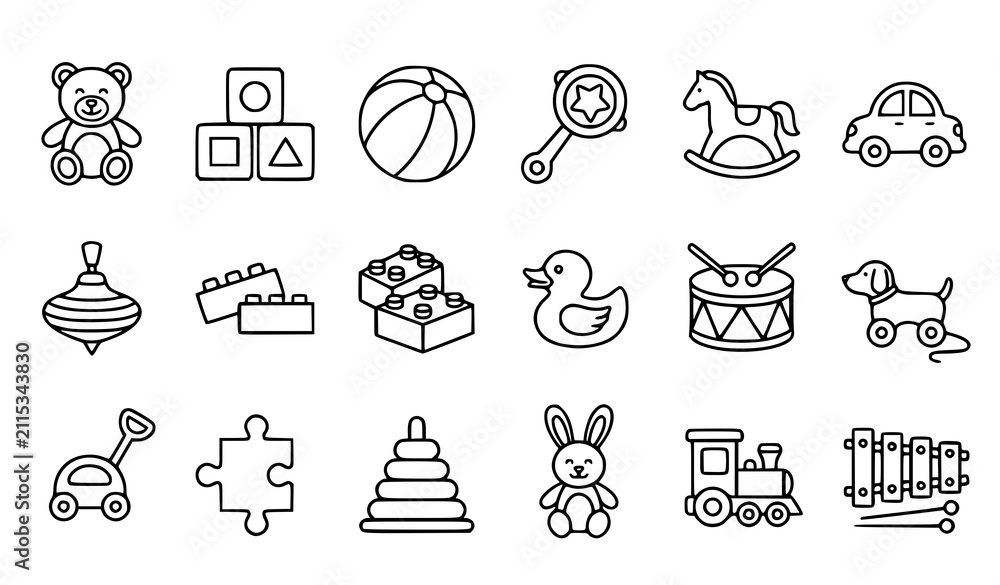 Fototapeta premium Baby Toy Line Icon Set with Teddy Bear Blocks Ball Rattle and Rocking Horse Vector