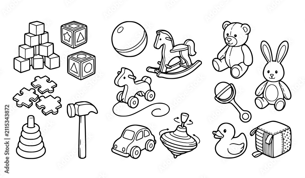 Fototapeta premium Monochrome Baby Toy Line Art Collection with Blocks Bear Ball Rattle and Play Icons Vector