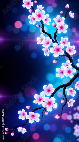 Ethereal Neon Glowing Cherry Blossom Branches Against a Dark Blue and Purple Bokeh Night Background Digital Art Illustration