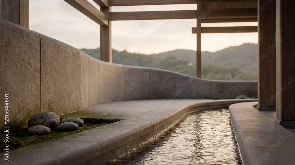 Fototapeta premium mindful interior design, a tranquil space featuring flowing water and natural elements in harmony