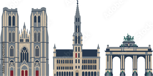 Belgium landmark collection featuring Brussels Town Hall, Grand Place, Cathedral of St. Michael and St. Gudula, and Cinquantenaire Arch flat vector illustration