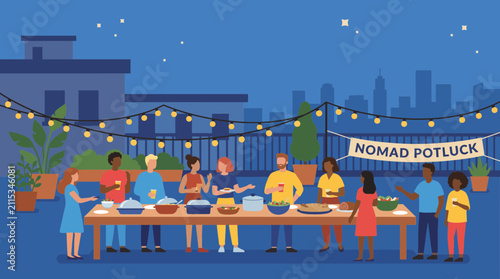 Nomad Community Potluck Dinner at Coliving Rooftop With String Lights