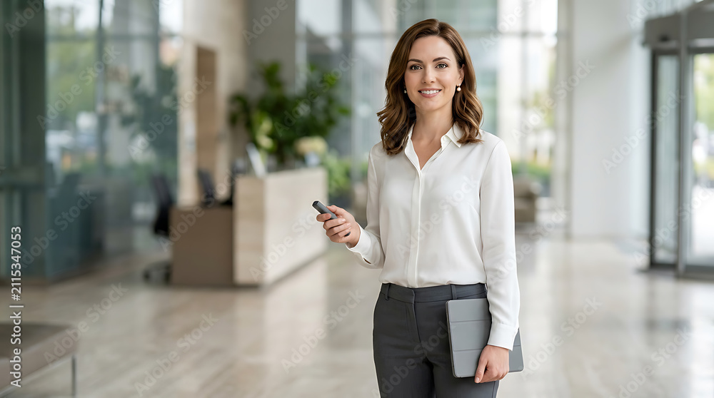 Fototapeta premium professional woman standing in a modern lobby holding a phone and tablet ready for work or communication