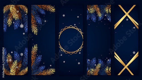 Luxury Christmas Banner Collection with Gold Geometric Frames, Elegant Winter Pine Branches and Festive Holiday Background Templates