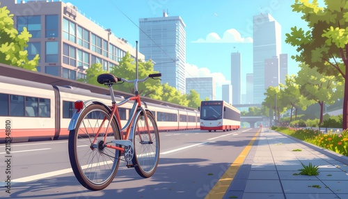 Urban Scene with Bicycle and Public Transportation.