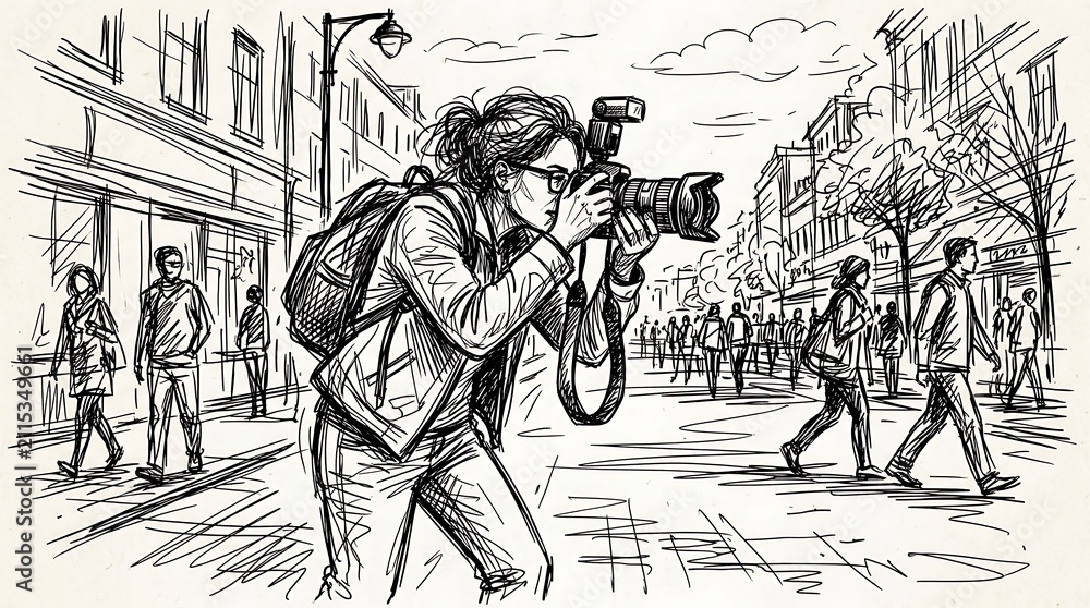 Naklejka premium Professional female photographer capturing candid moments on a busy city street with a DSLR camera and flash