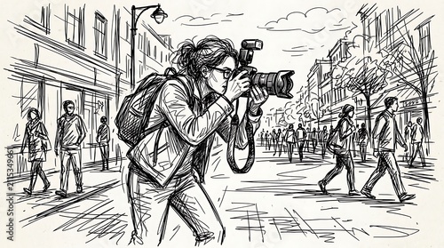 Professional female photographer capturing candid moments on a busy city street with a DSLR camera and flash