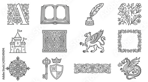 Vintage Ornate Illustrations: Alphabet, Castle, Dragon, Griffin, Compass