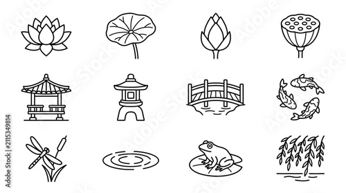 Zen Garden Elements Collection: Lotus, Koi, Pagoda, Bridge, Dragonfly