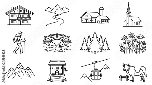 Alpine Village Icons: House, Mountains, Church, Hiker, Farm, Cow
