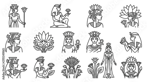 Ancient Egyptian Goddesses Line Art Icons - Lotus Flower Symbols