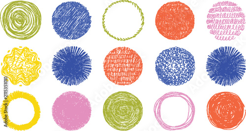 Foto Colorful crayon and brush stroke circles with textured paint effects, featuring hand-drawn dots, sketchy lines, and artistic doodle elements