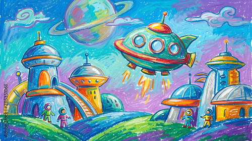 Whimsical alien planet with futuristic buildings and flying spaceship illustration.