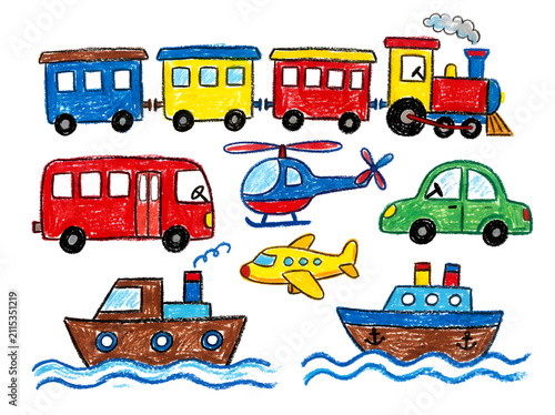 Collection of colorful cartoon vehicles for childrens transportation theme.
