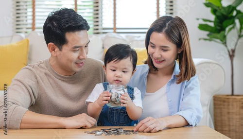 Family Playing with Piggy Bank at Home.
