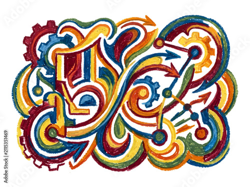 Abstract colorful swirling shapes and gears representing innovation and progress.