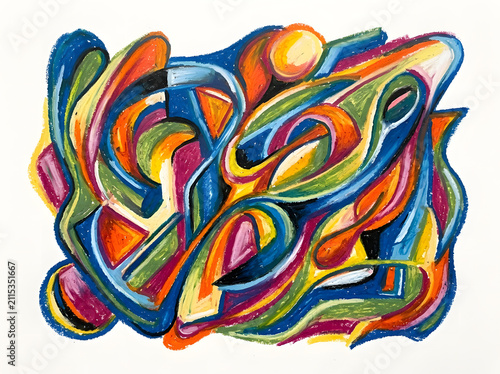 Vibrant abstract painting with swirling colorful shapes and lines.