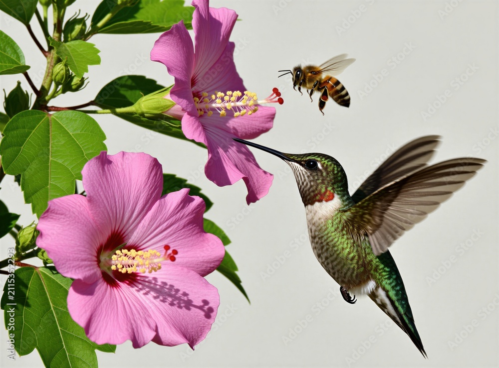 Fototapeta premium Hummingbird sips nectar from pink hibiscus flower. Tiny bee hovers nearby ready to feed from blossom. Wildlife scene on bright white background.