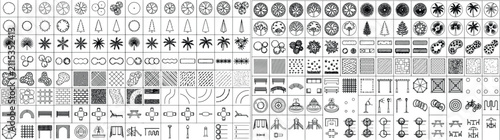 Architectural CAD symbol library vector. Site plan, floor plan, landscape, doors, windows, stairs, vehicles, hatch patterns and drafting blocks