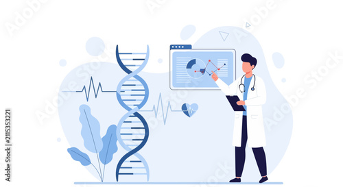 Doctor analyzing DNA and medical data with digital interface, illustrating genetic research and healthcare innovation.