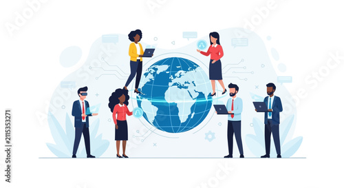 Diverse global team collaborating with technology and virtual reality for digital innovation and connection
