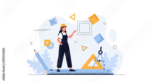 Female Architect or Engineer Planning and Designing with Geometric Shapes and Tools, Vector Illustration