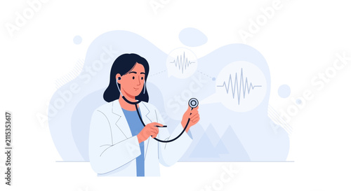 Female Doctor with Stethoscope Listening to Heartbeat, Medical Checkup and Healthcare Concept, Vector Illustration