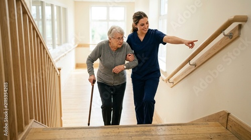 Pointing toward the nearest handrail while guiding an unsteady patient.