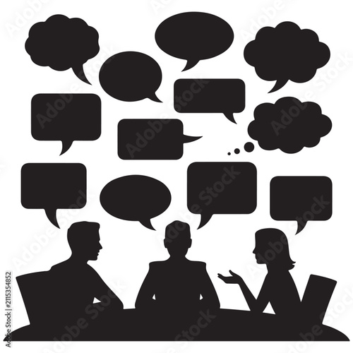 Black silhouette group of people in various poses against white background