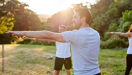 Group of people stretching arms outdoors in nature.