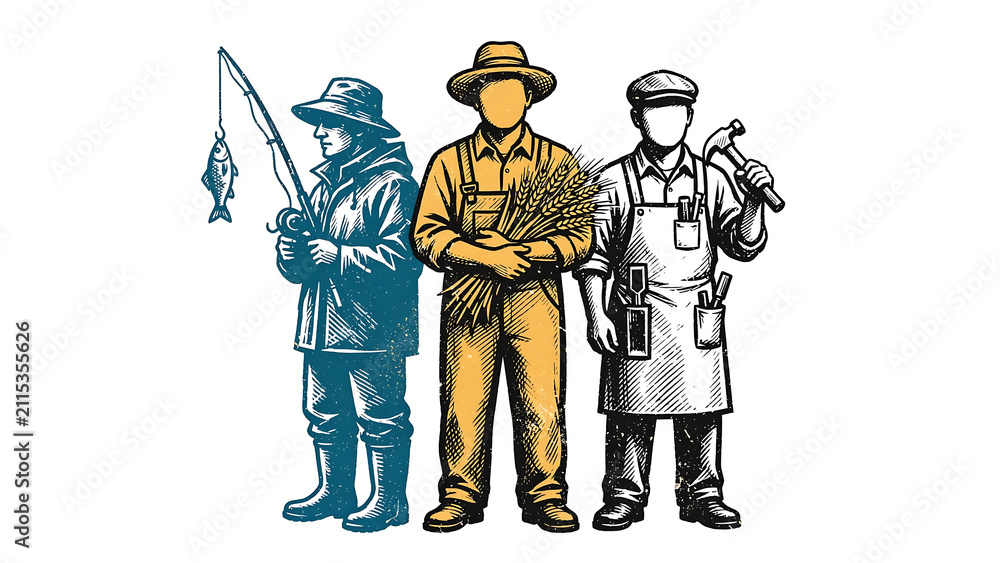 Obraz premium Illustration of diverse workers featuring a fisherman, a farmer, and a carpenter in traditional attire