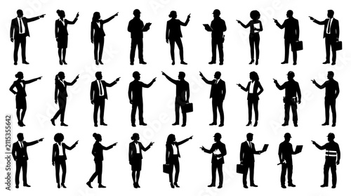 Collection of silhouetted business professionals engaged in diverse gestures and interactions in a monochrome theme