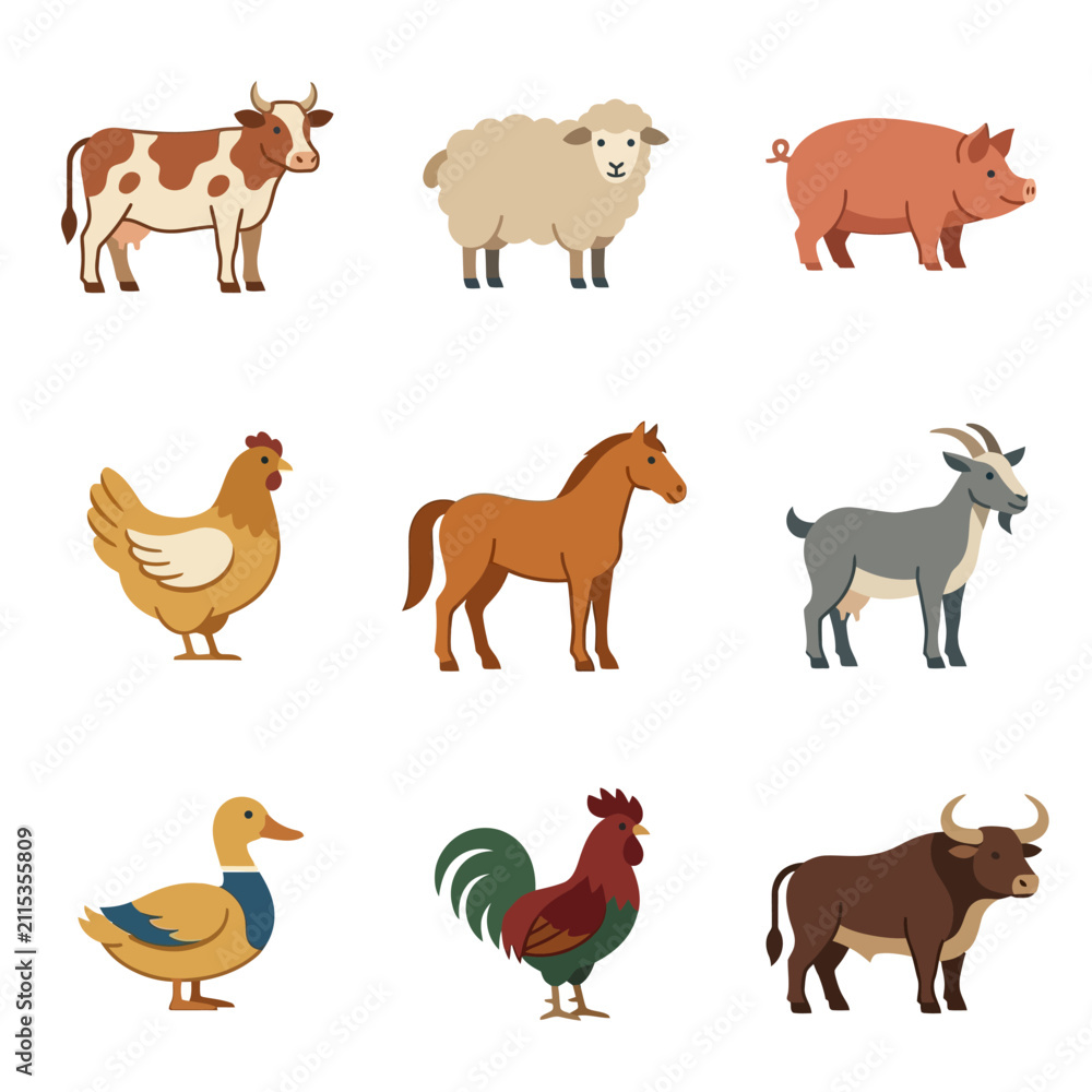 Obraz premium Cute Farm Animals Collection: Cow, Sheep, Pig, Chicken, Horse, Goat, Duck, Rooster, Bull