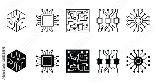 Obraz na płótnie Computer chip and circuit board icons in minimalist line art style for technolog