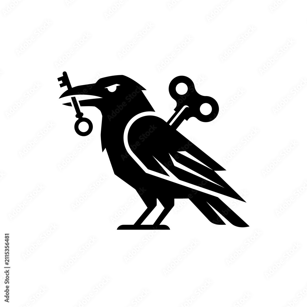 Naklejka premium Raven holding a key with clockwork wind-up mechanism.