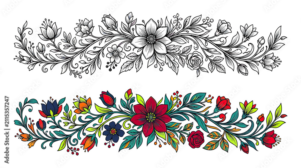 Fototapeta premium Hand-Drawn Floral Border Designs, Line Art and Color